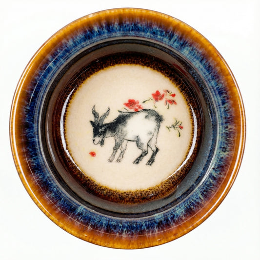 Elegant ceramic tea cup with a peaceful Goat motif, handcrafted with distinct glaze patterns.