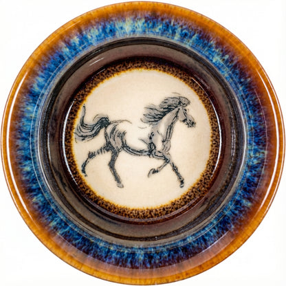 Dynamic ceramic tea cup featuring a galloping Horse illustration inside, high-quality pottery gift.