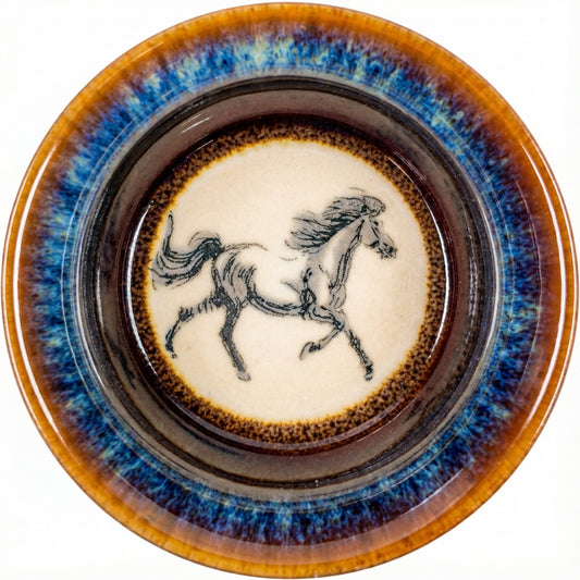 Dynamic ceramic tea cup featuring a galloping Horse illustration inside, high-quality pottery gift.