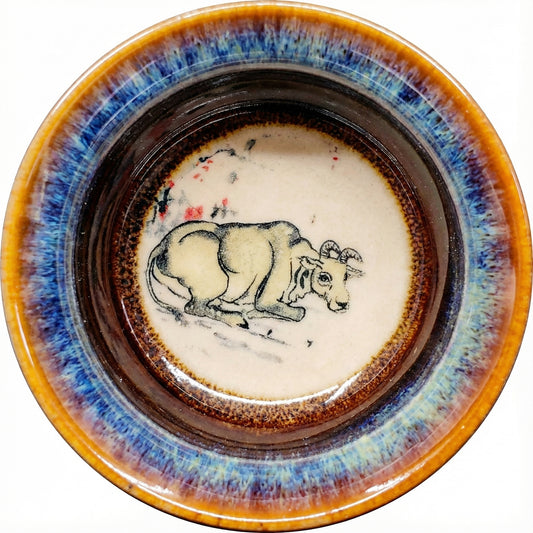 Artisan ceramic tea cup with a sturdy Ox motif, showcasing traditional pottery craftsmanship.